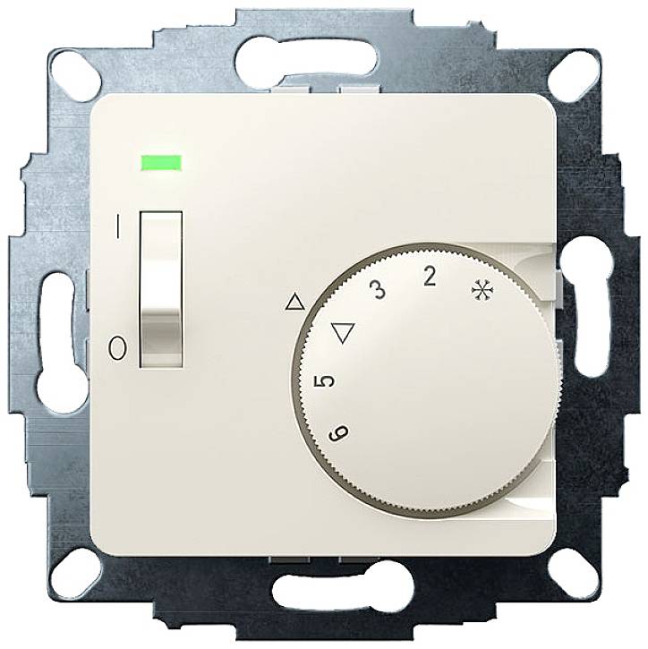 Thermostat with rotary control, scale from 1 to 6, and a green indicator light for operational status. Wall-mounted, metal frame visible.