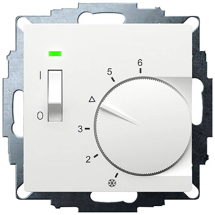 Thermostat with a rotary dial ranging from level 1 to 6 and an on/off switch. The dial is set to level 5.