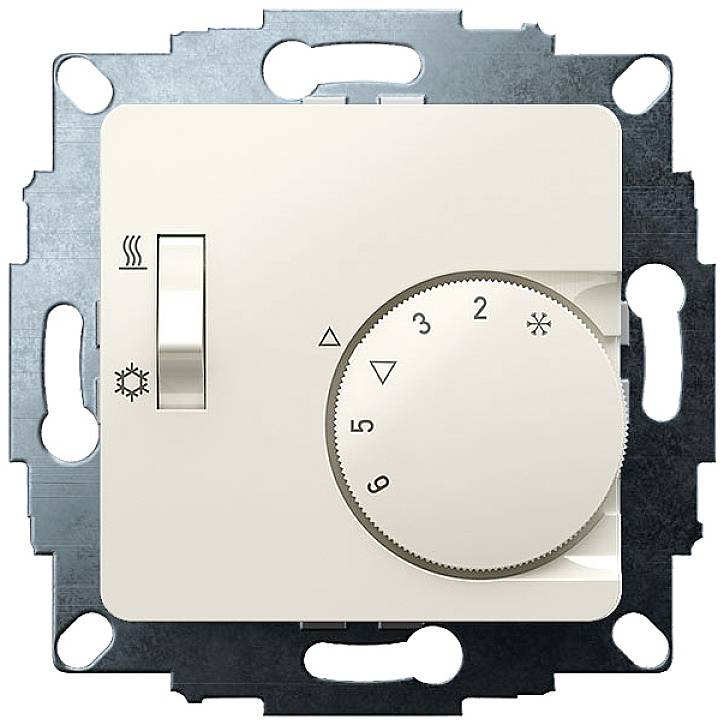 A wall-mounted thermostat with a rotary dial for temperature control and symbols indicating heating and cooling.