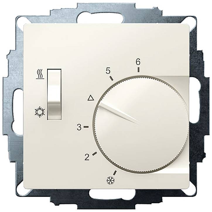 Thermostat with rotary dial, set to level 5. On the left, a slider with sun and snowflake symbols for warm and cold modes.