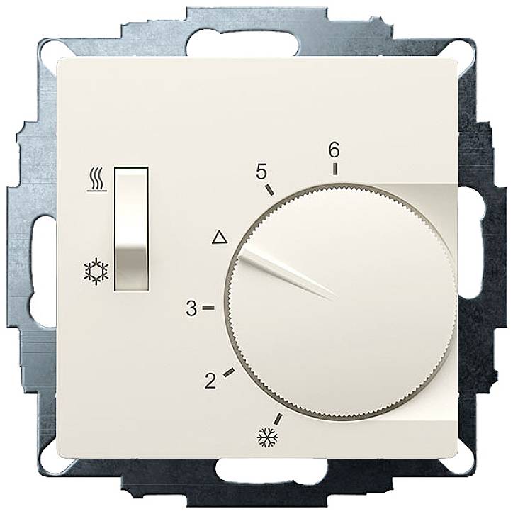 White thermostat with rotary dial and temperature indicators from 1 to 6, with heating and cooling symbols.