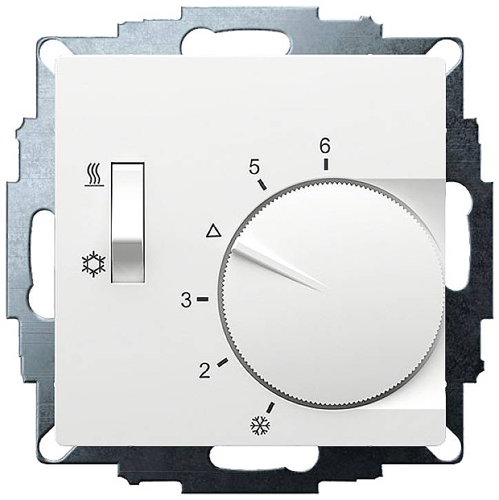 White thermostat control with rotary dial from 1 to 6 for temperature setting and switch for heating levels. Symbols for heat and cold.