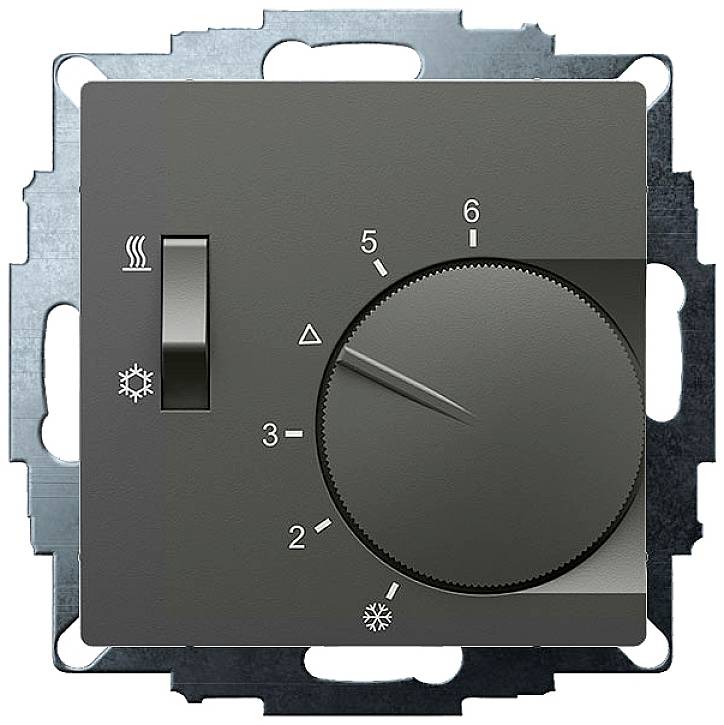 A black rotary control dial for temperature regulation with a scale from 1 to 6 and symbols for heating and cooling.