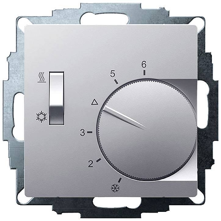 Thermostat with rotary dial, showing level 5. On the left, a sliding control with icons for heating and cooling.