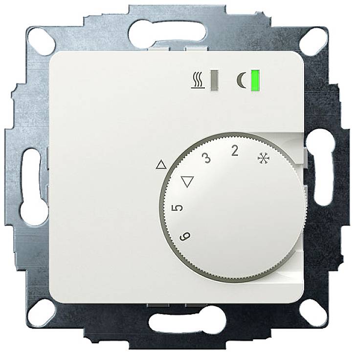 Rotary thermostat with temperature selection from 1 to 5, heating and cooling symbols. A green light indicates active function.