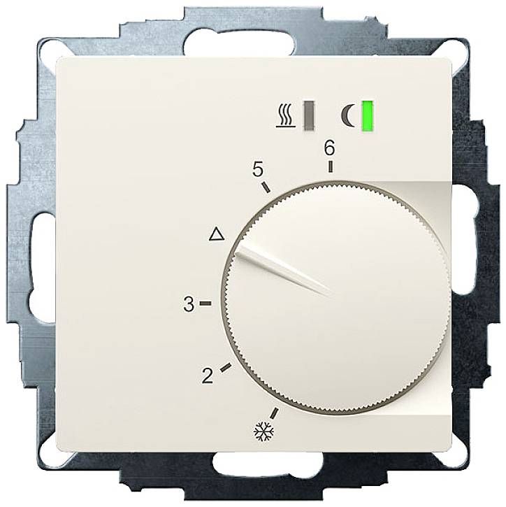 An adjustable rotary thermostat with a scale from 1 to 6, set to 5, featuring heating and cooling symbols, with a green status light in the top right corner.