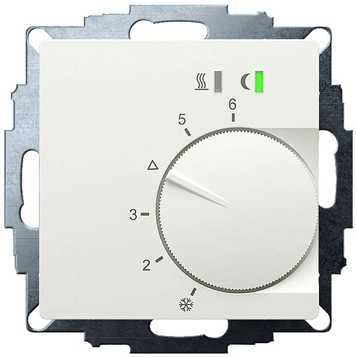 A white rotary dial on a wall-mounted plate, marked from 0 to 6 with heating and cooling symbols. A green light indicates movement.