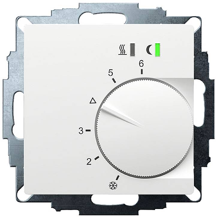 Thermostat with rotary dial, scale from 1 to 6, symbols for heating, ventilation and cooling. Set to 4.