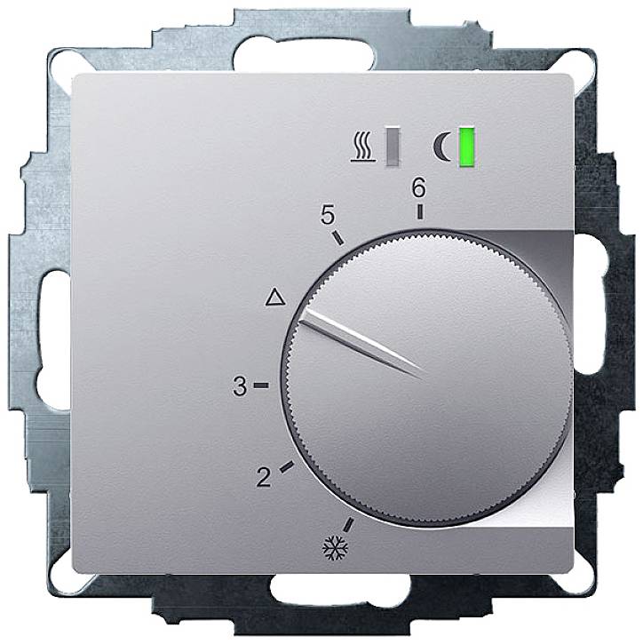 Rotary control for thermostat with scale 1-6, indicator lights for heating and cooling modes. Control set to level 3.
