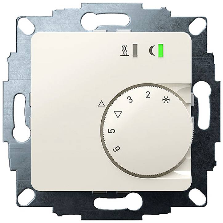 Thermostat for temperature control with rotary dial, scale from 1 to 6. Symbols for heating, standby, and LED indicator at the top.
