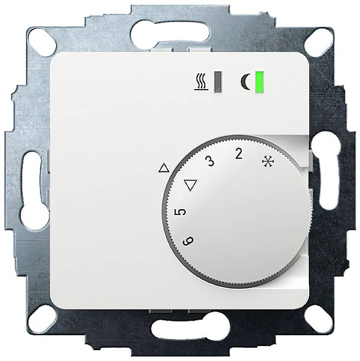 A wall thermostat with a rotary dial, scale from 0 to 5, symbols for heating and cooling, and a green LED indicator.