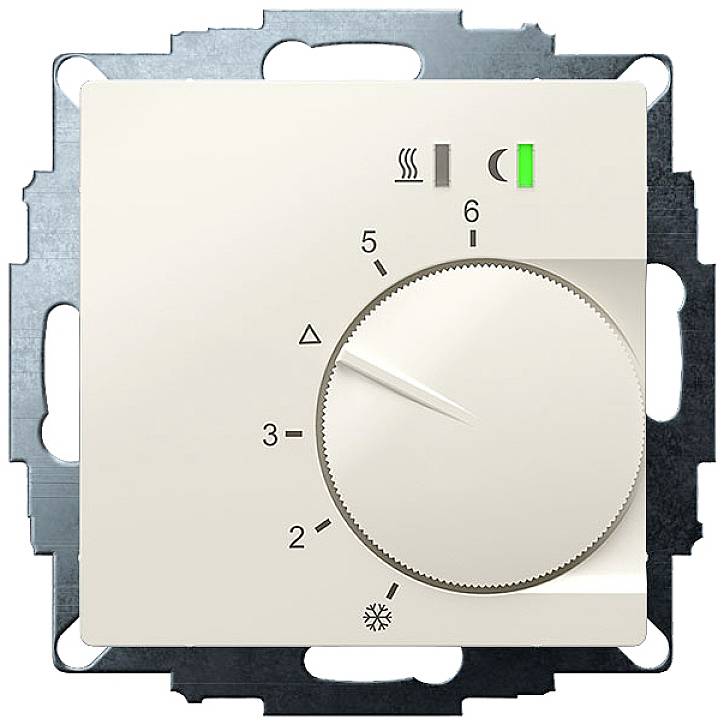 A white rotary dial on a metal plate with a setting range from 1 to 6, symbols for heating and cooling, and a green indicator light.