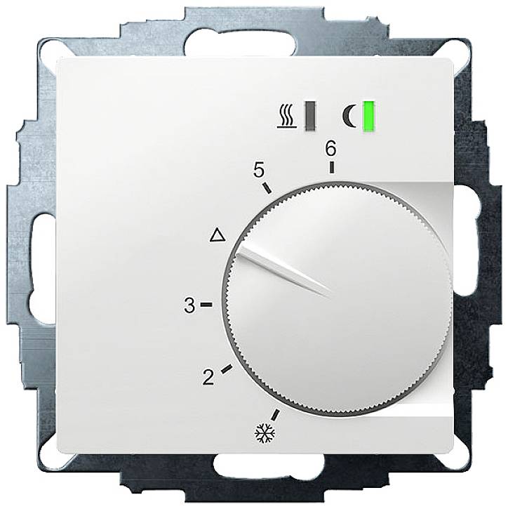 Heating controller with rotary knob, set to level 4. Symbols for heating, ventilation and timer. Green light indicates operational status.