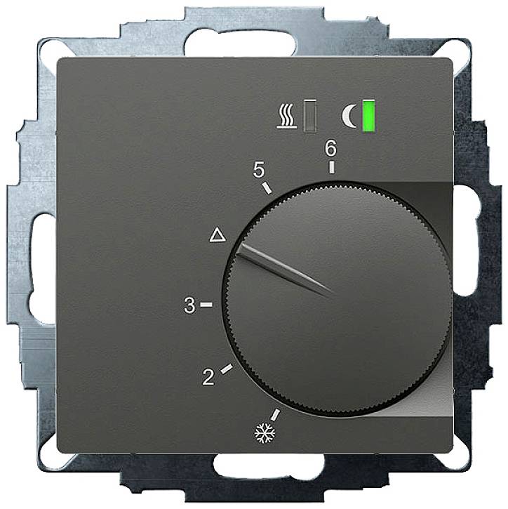 A thermostat rotary control with a scale from 1 to 6, symbols for heating and cooling, and an LED indicator for operational status.