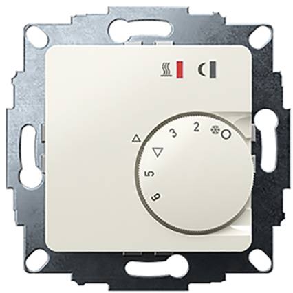 A white thermostat with a rotary dial in the centre, surrounded by numbers 1 to 5, mounted on a metal bracket.