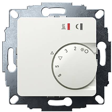 Heating controller with rotary dial, scale from 1 to 5. Power on/off and heating symbols visible. Mounting plate visible in the background.