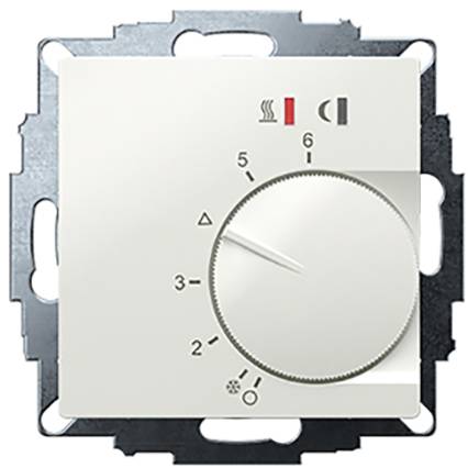 A white heating controller with a rotary knob, scale from 0 to 6, heating symbol and fan symbol. Device for regulating room temperature.