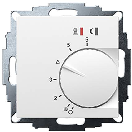 A white thermostat with a rotary dial, numbered from 1 to 6 for temperature adjustment and featuring heating and ventilation symbols.