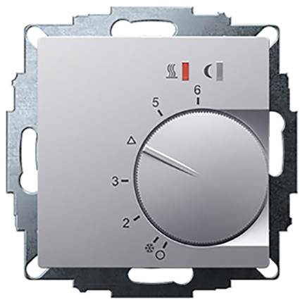 A silver thermostat control with numbers ranging from 1 to 6. Heating and ventilation symbols are visible above the controller.