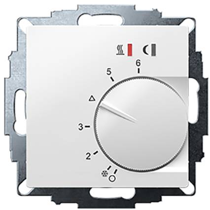 The image shows a white rotary control knob for operating a device, with scales from 1 to 6 and symbols for fan and heating.