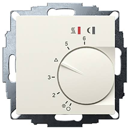 A white rotary dial on a thermostat with numbers from 1 to 6 for temperature adjustment. Pictograms for heating and ventilation.