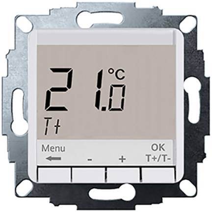Digital thermostat display shows 21.0 degrees Celsius, menu button on the left, 'OK' and plus/minus buttons at the bottom. 'T+' display on the left.