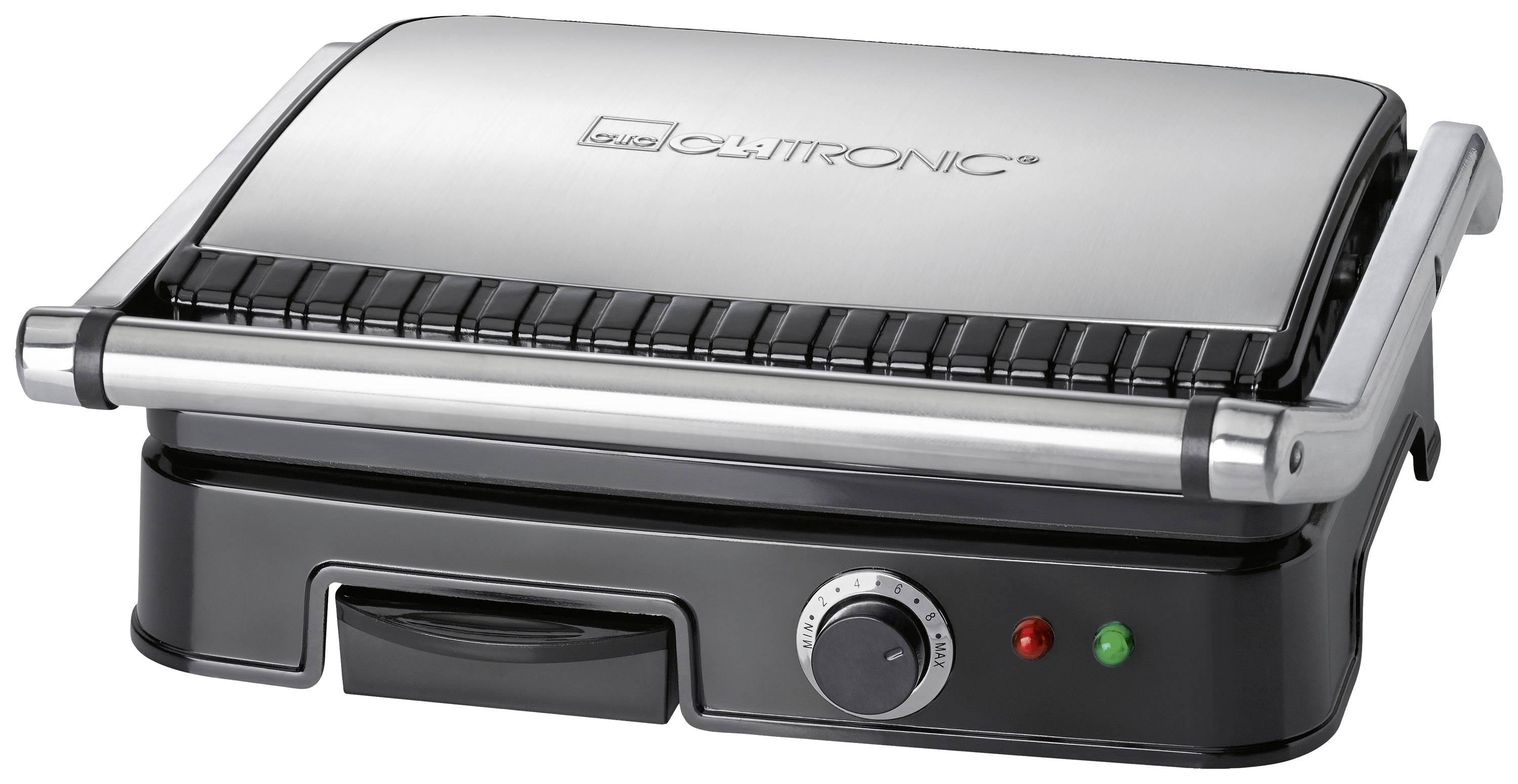 A silver contact grill with a temperature display and indicator lights, suitable for grilling sandwiches and meat.