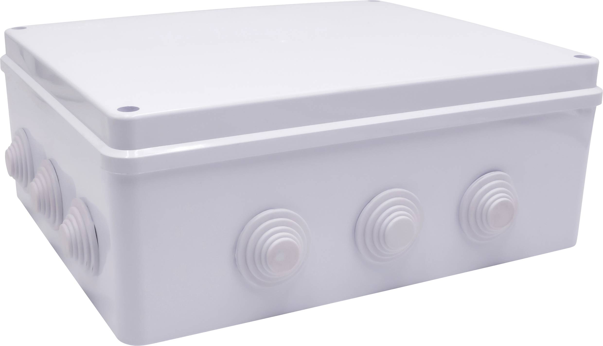 White, square junction box with multiple side openings for routing cables in electrical installations.