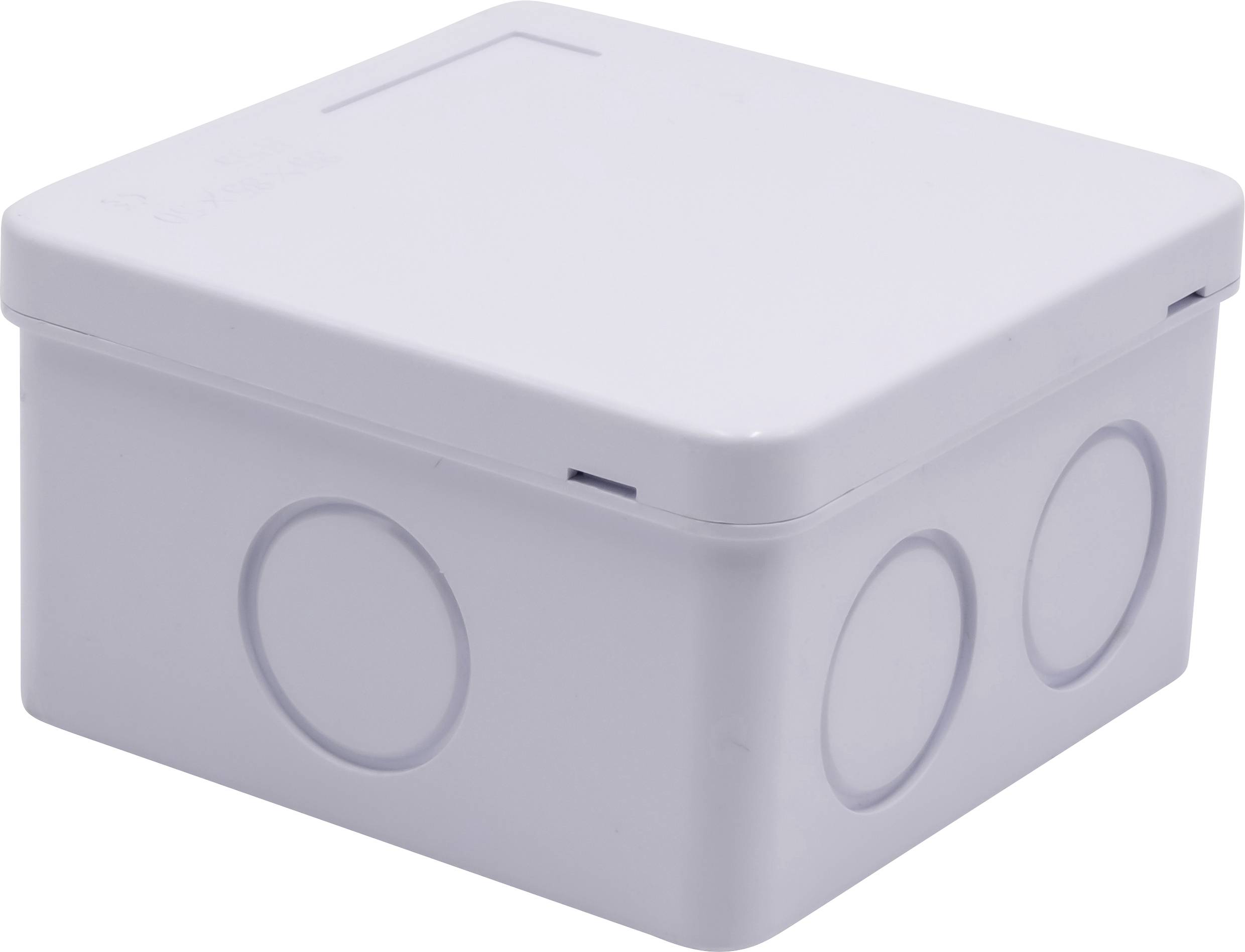 A rectangular, white plastic container with a removable lid and round recesses on the sides. Suitable for electrical applications.