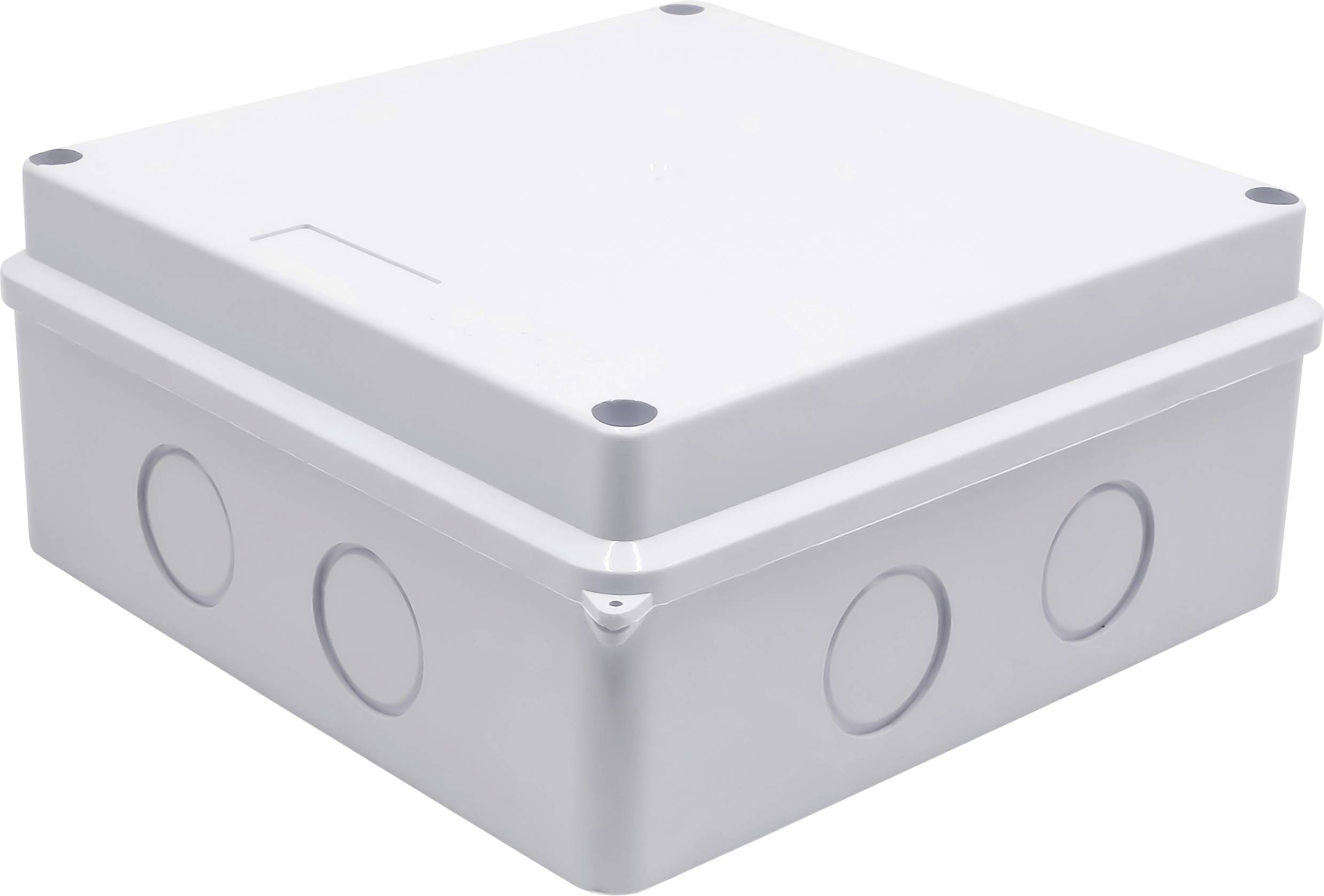 Grey, square plastic housing with rounded corners and several round cutouts on the sides.