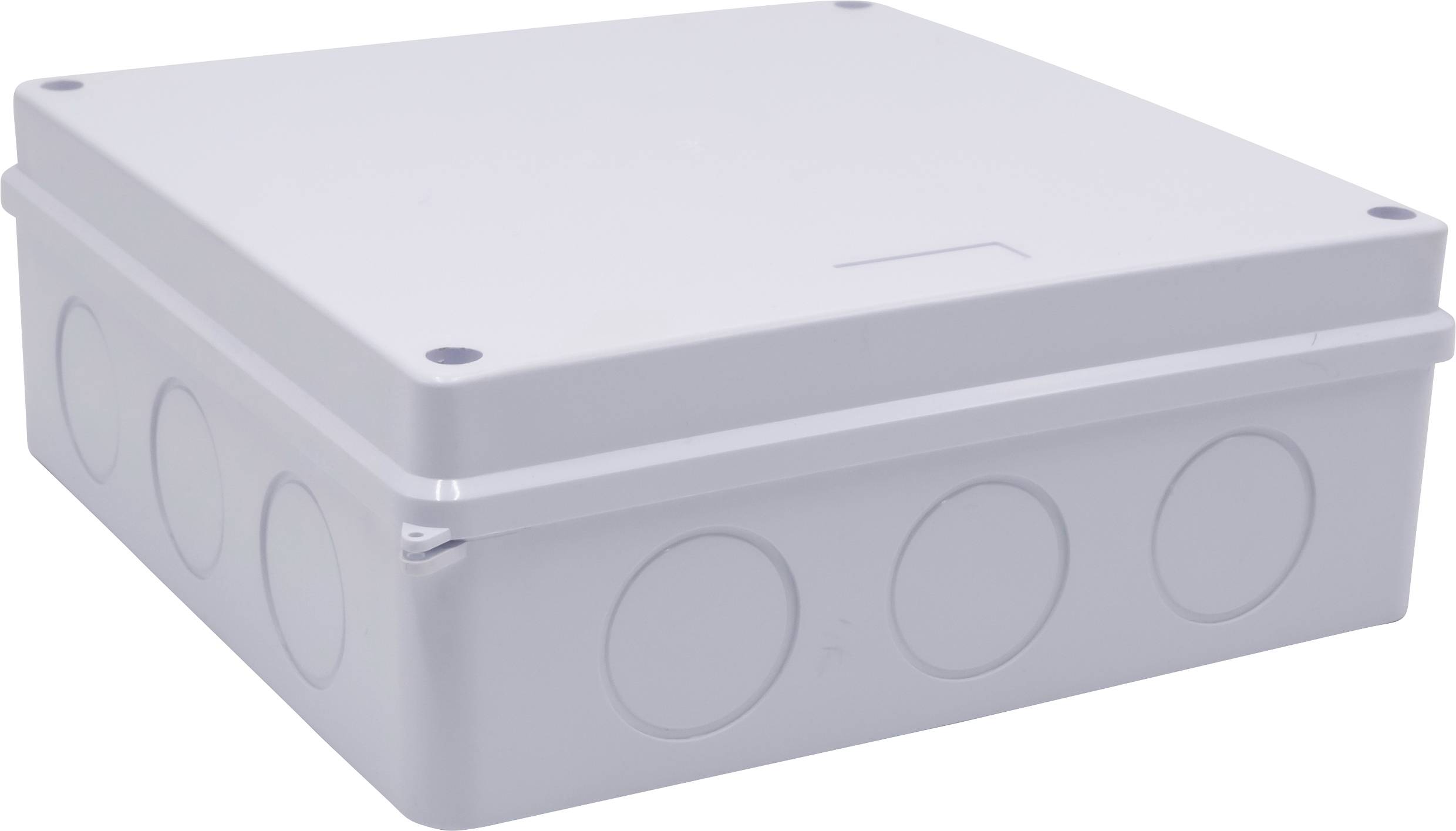 A grey, square plastic junction box with round cut-outs on the sides. Ideal for electrical cable connections.