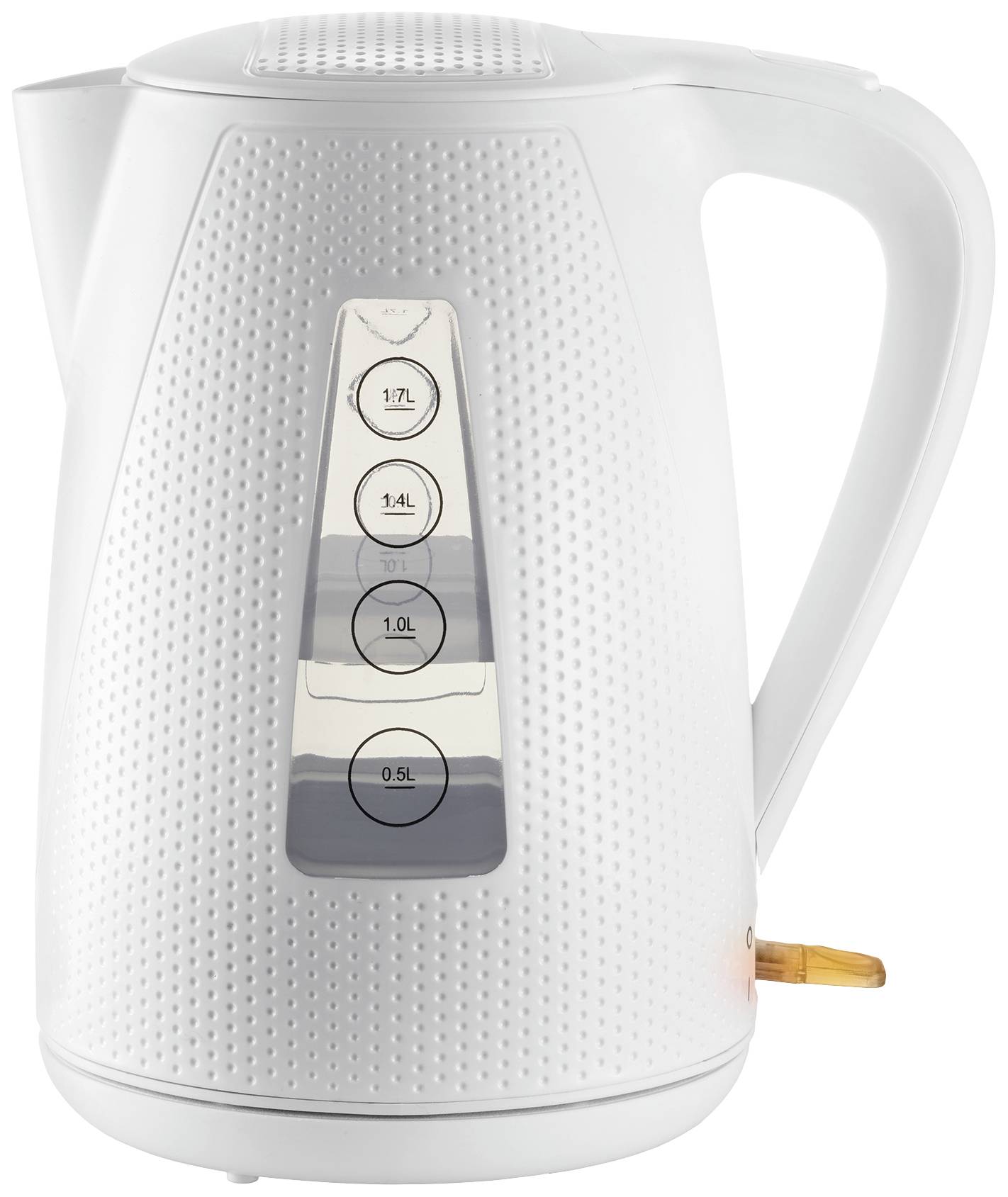 A white kettle with a 1.7 litre capacity, showing water level indicator in 0.5 litre increments and featuring an ergonomic handle.