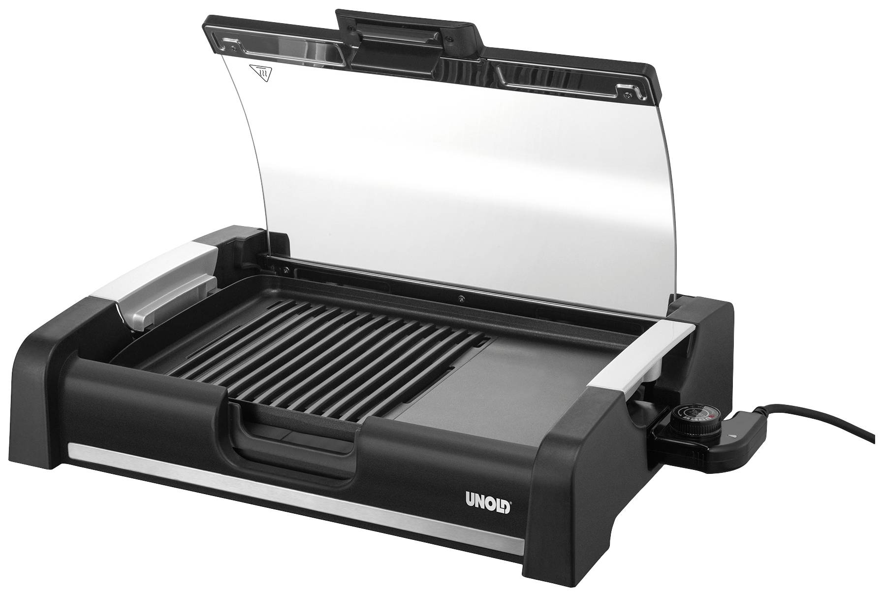 An electric table grill with an open lid, comprising a ridged and a flat surface. Perfect for indoor grilling.