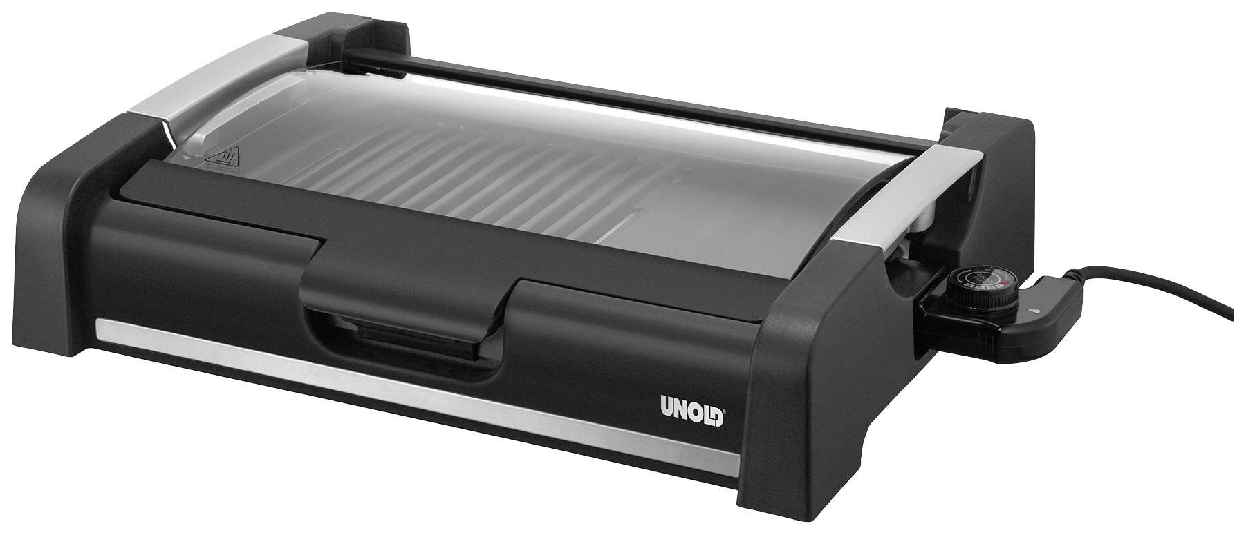 An electric grill with a glass lid in black design, by Unold brand. A temperature control dial and cable are visible on the right side.