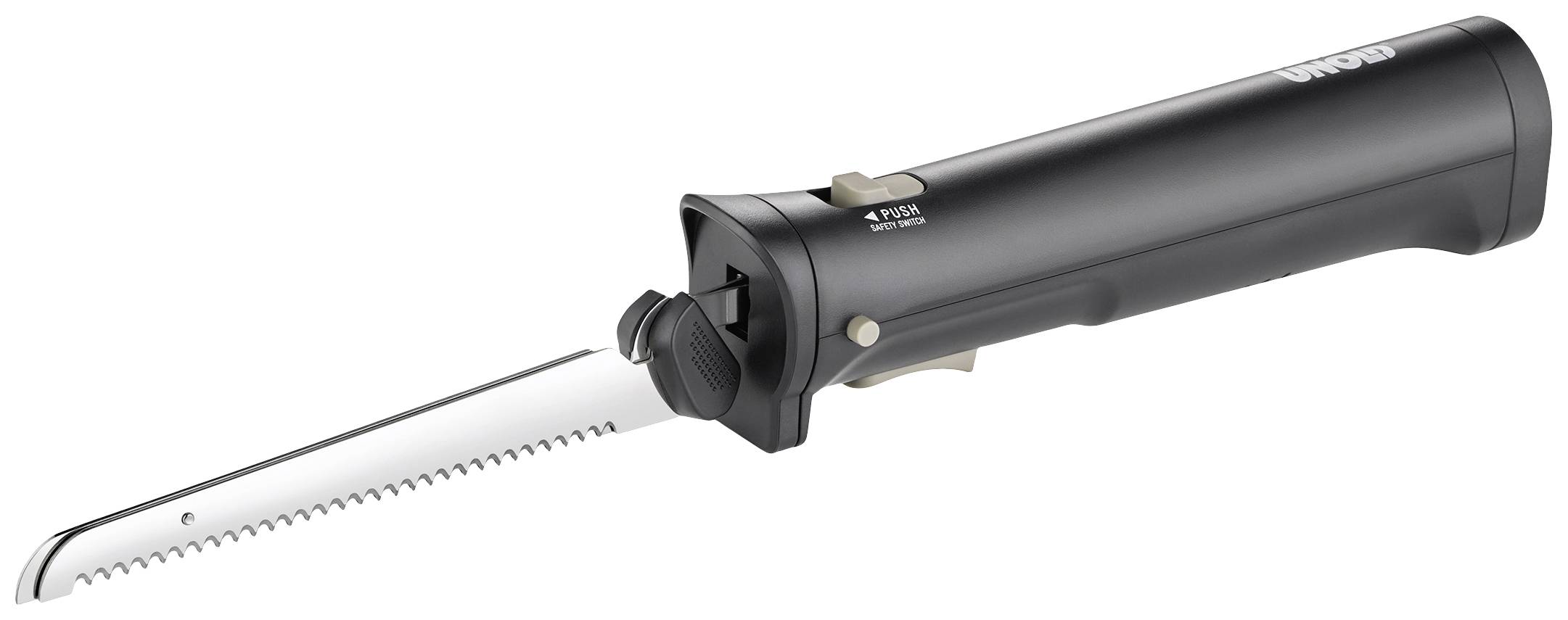 Electric knife with black handle, serrated blade and switch on the handle.
