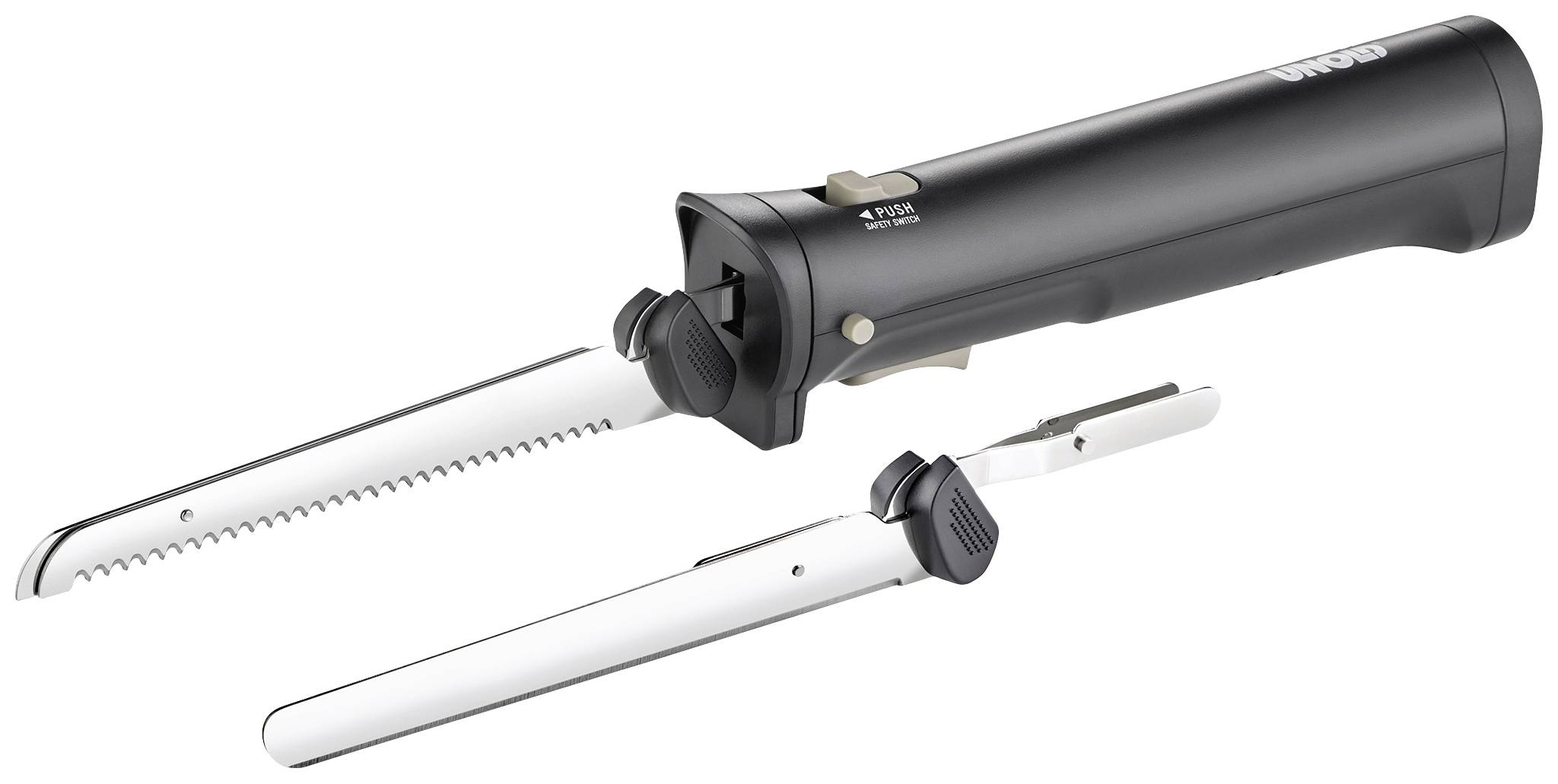 Electric bread knife with a black handle and interchangeable serrated blade. Suitable for easy bread slicing.