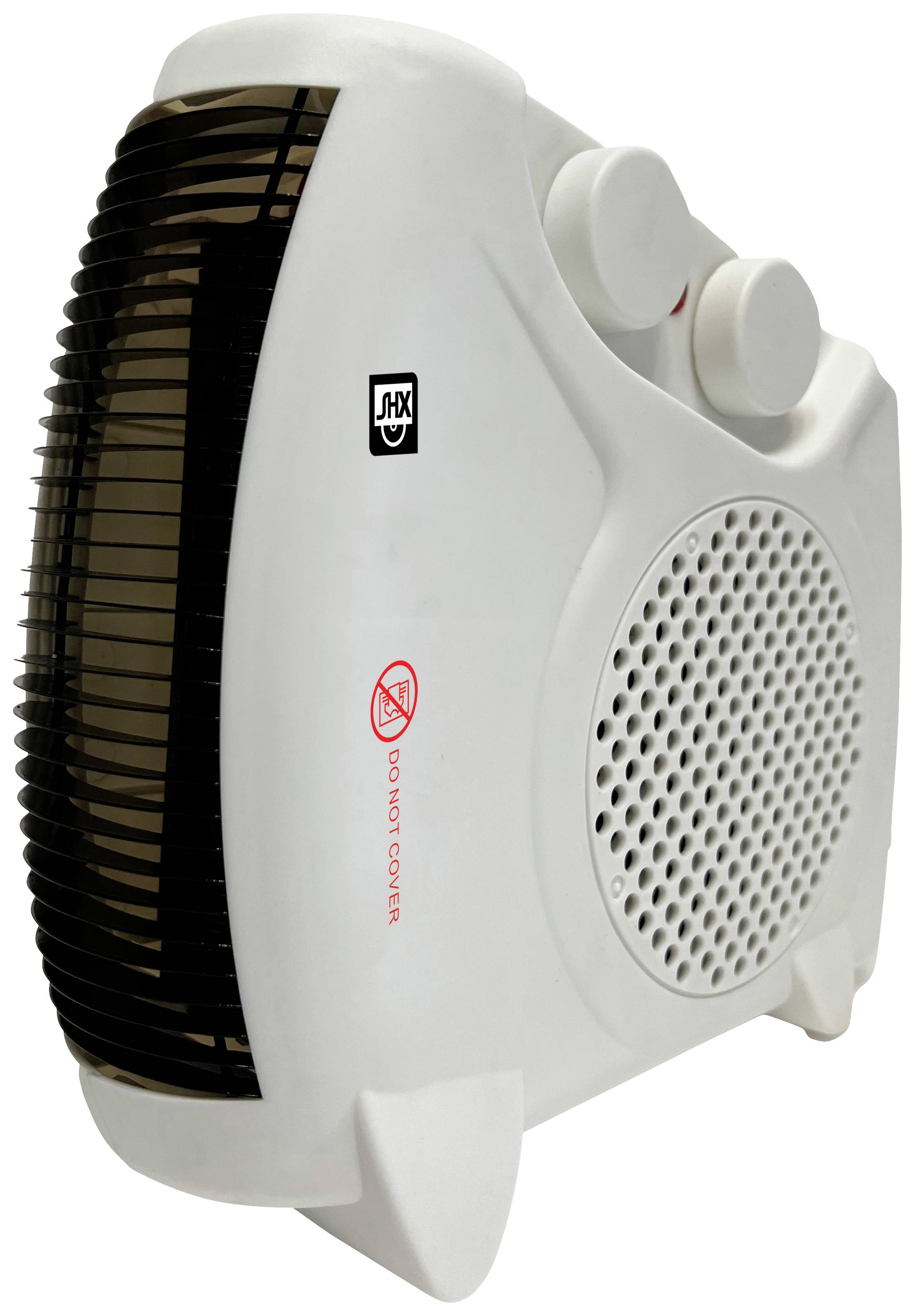 Portable white fan heater with two rotary knobs on top and a ventilation grille at the front.