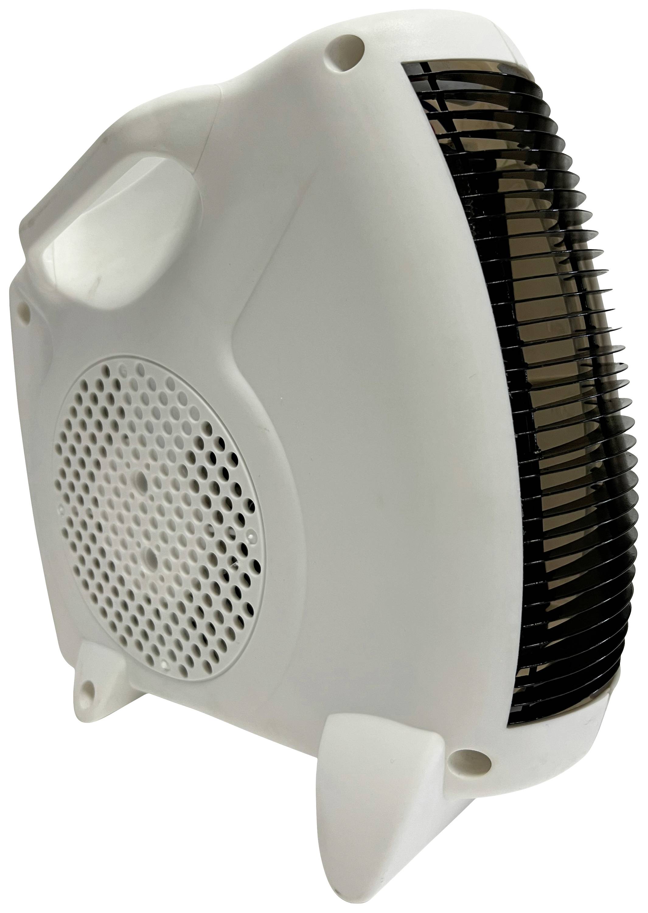 A white portable fan heater with a ventilation grille at the front and carrying handle on top, standing upright on the floor.