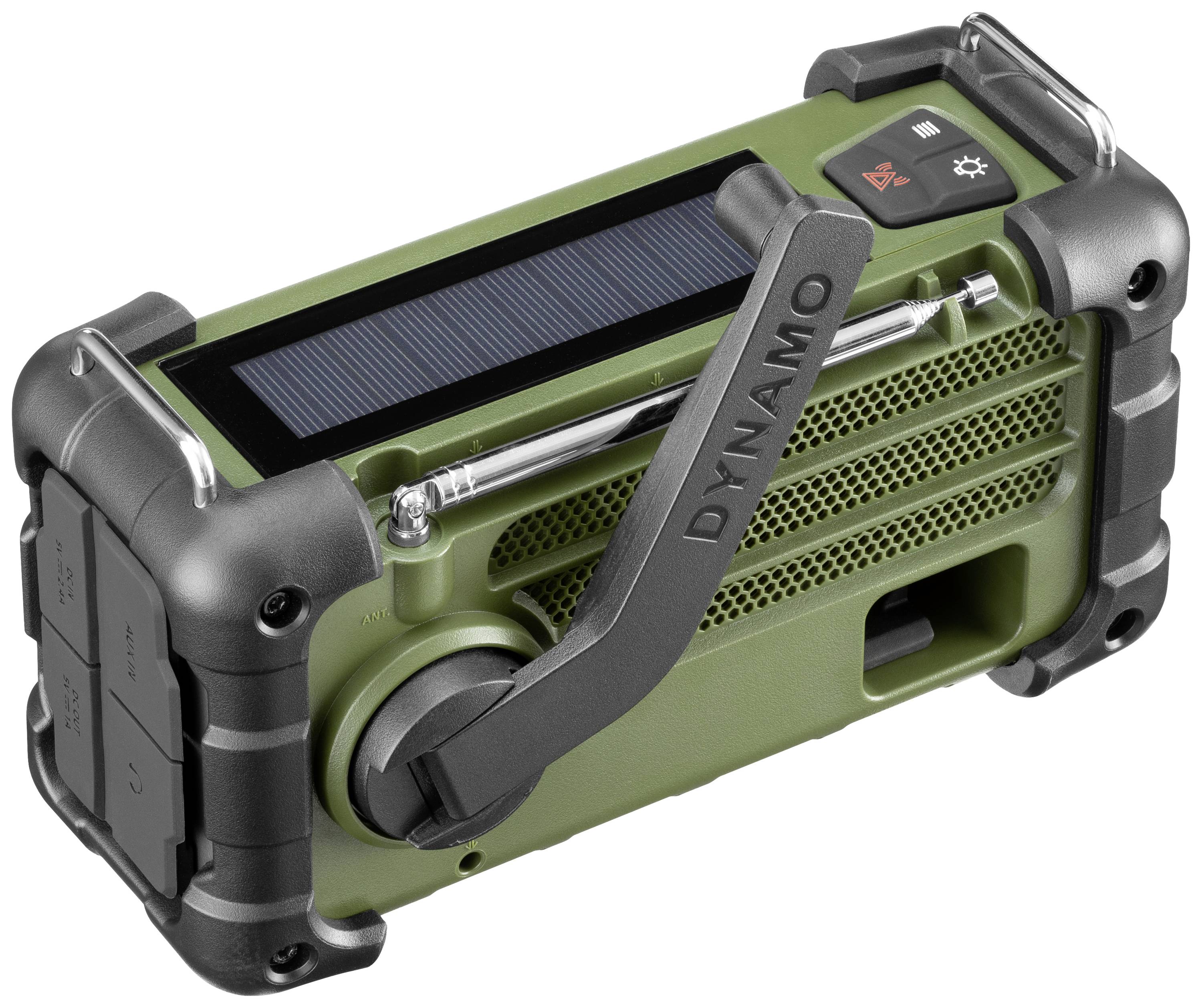 Portable green emergency radio with hand crank and solar panel, specifically designed for outdoor activities and emergencies.