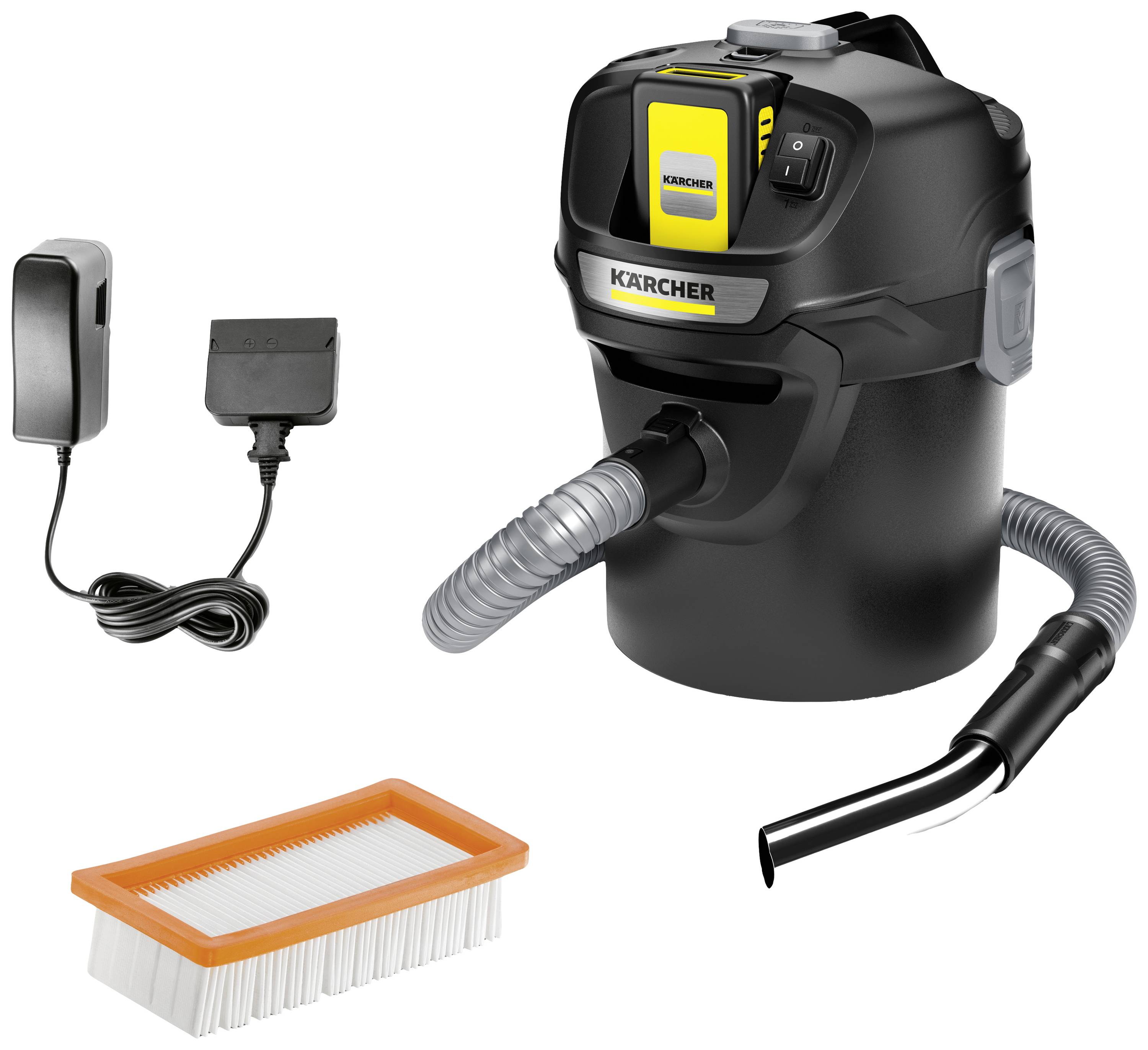 Kärcher Ash Vacuum, black, with flexible suction hose and attachment, including charger and filter. Ideal for fireplace cleaning.