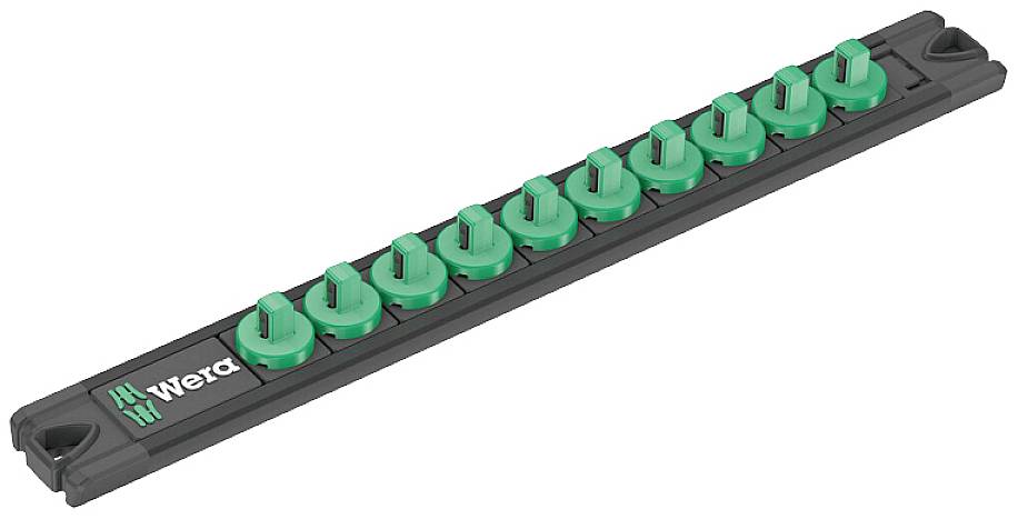 A Wera tool holder with ten green bit holders in a row, suitable for organised storage of screwdriver bits.