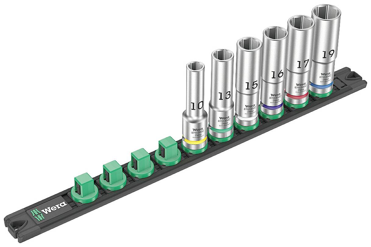 Tool holder with seven socket wrenches by Wera. Sizes: 10 to 19 mm. Each socket wrench has a colour-coded base.