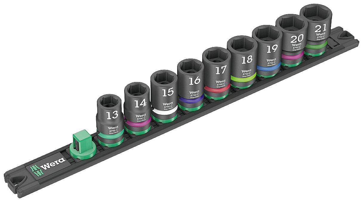 Set of 10 nuts in various sizes from 8 to 19 mm on a mount. Each nut has an individual marking.