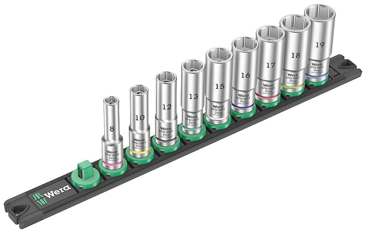 Socket spanner set on holder, comprising nine socket wrenches with size markings from 8 to 19. Different colours for easy differentiation.