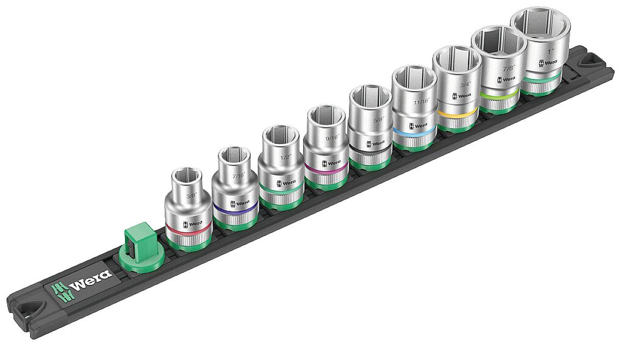 A set of ten drawing pins in various sizes, arranged on a black holder with a green logo on the left side.