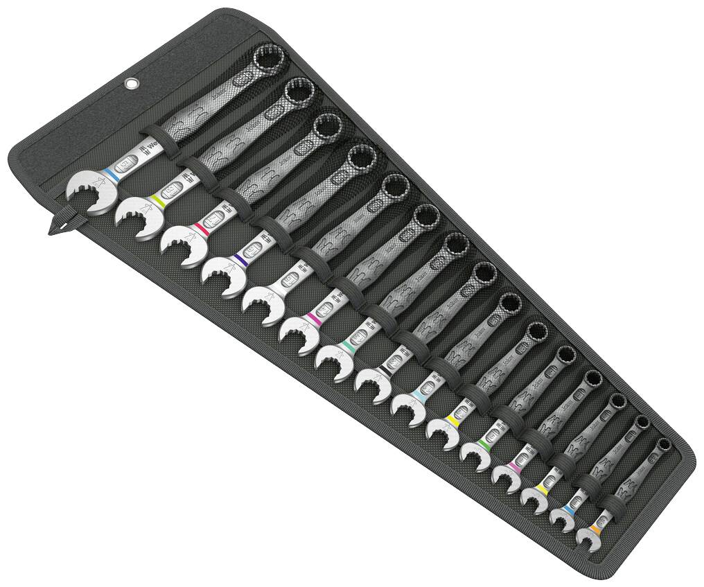 An opened case containing 17 different spanners, arranged by size, each with a coloured ring for identification.