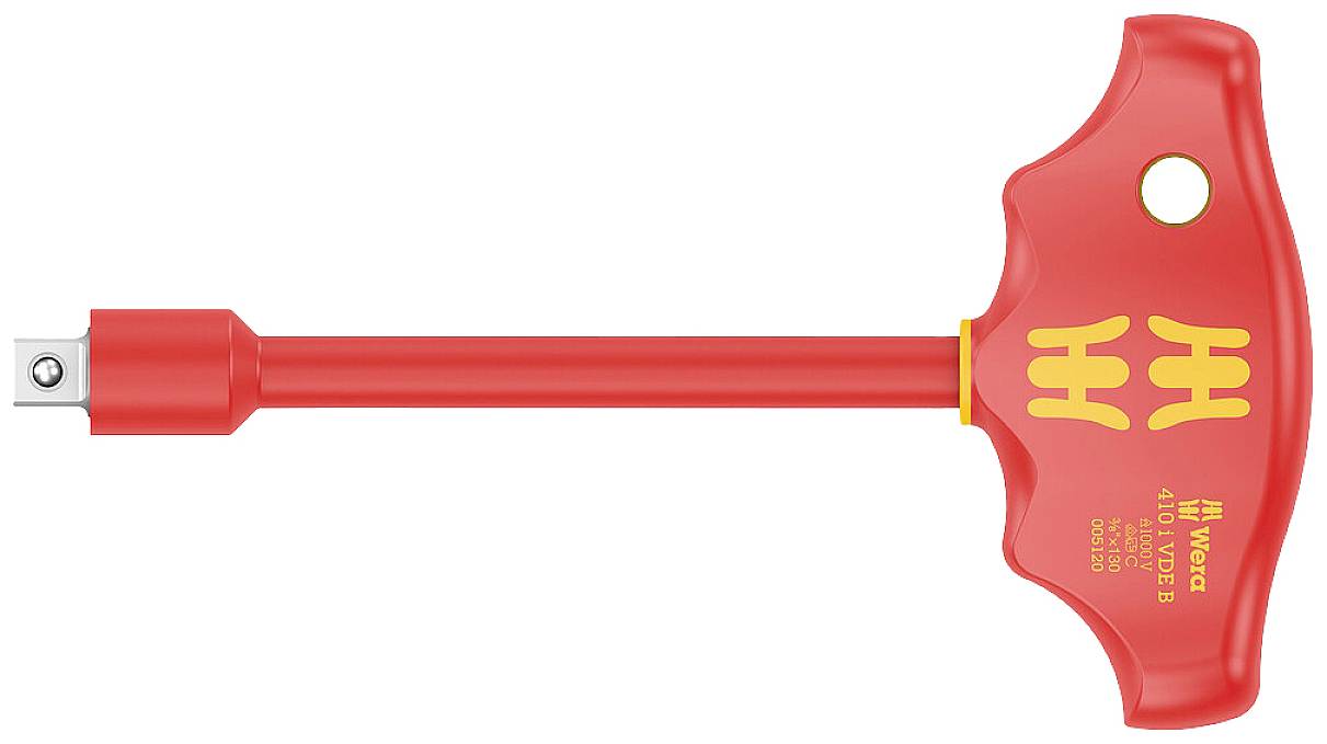A red T-handled key with a yellow logo, suitable for craft work.