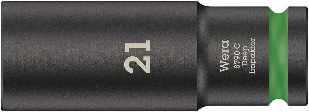 Black socket nut with green ring, printed with 'Wera 8790 C Impaktor', size '21'. Suitable for robust applications.