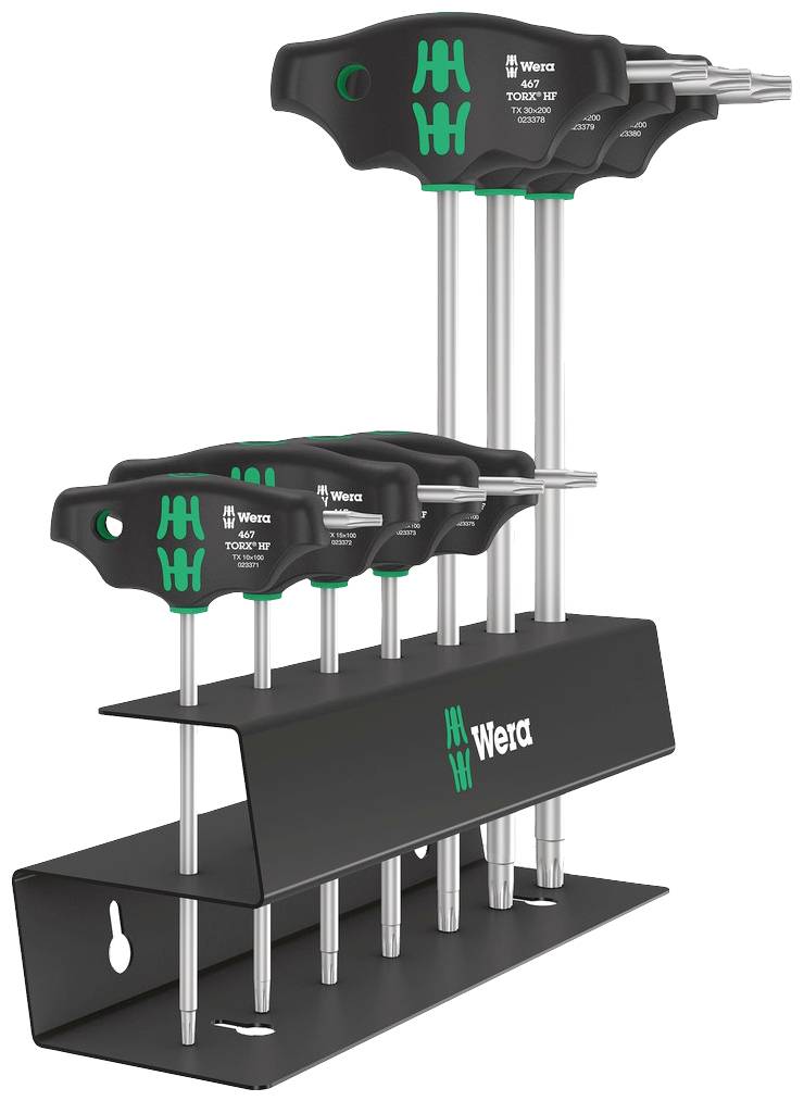 A set of seven green and black T-shaped screwdrivers in a black holder. The 'Wera' brand is visible.