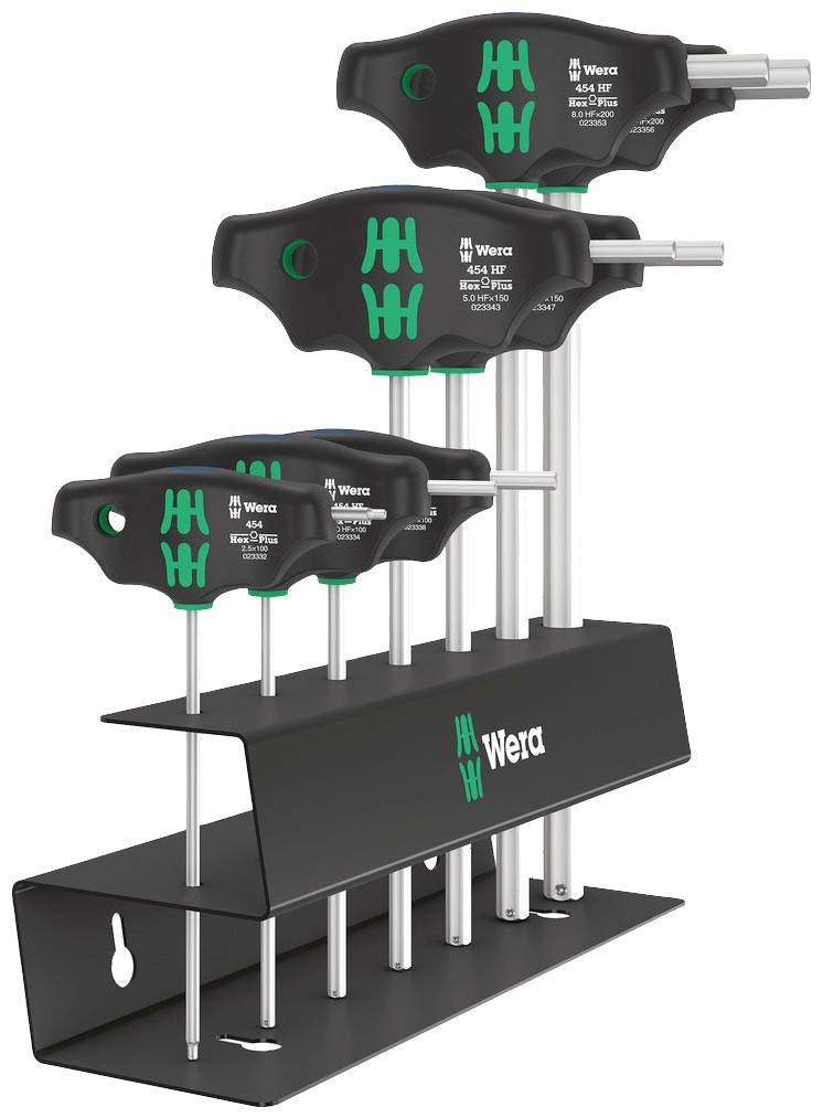 A set of Wera T-handle keys in various sizes, displayed on a black metal stand for organised storage.